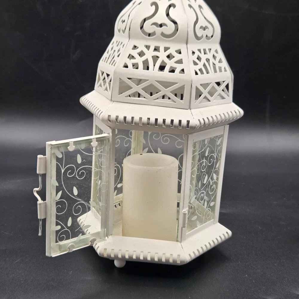 Large White Metal Decorative Moroccan‎ Lantern Candle Holder Lamp Cottage Core